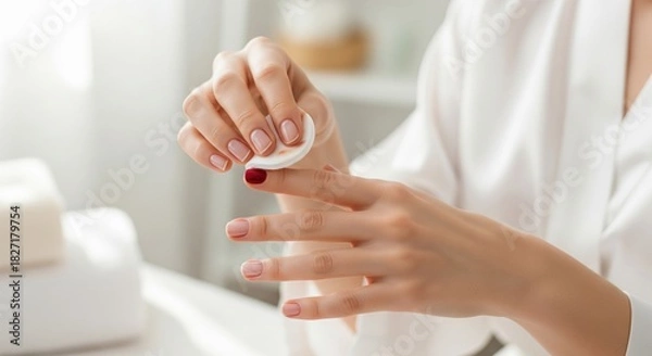 Obraz Close-up of female hands removing nail polish with a white cotton pad in a spa atmosphere, hand care concept
