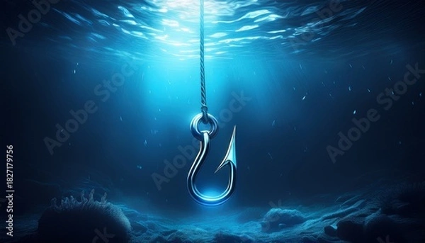 Obraz dark underwater scene with fishing hook suspended in blue light