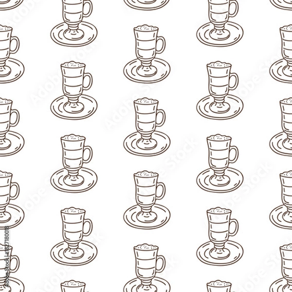 Fototapeta Seamless pattern with hand-drawn latte glasses on white background. Vector coffee outline style print.