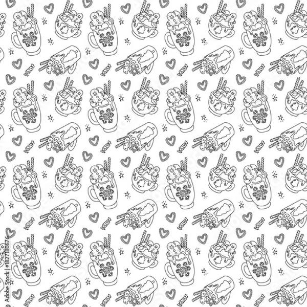 Fototapeta Seamless pattern with hand-drawn Christmas cocoa mugs and holiday sweets. Vector festive holiday background.