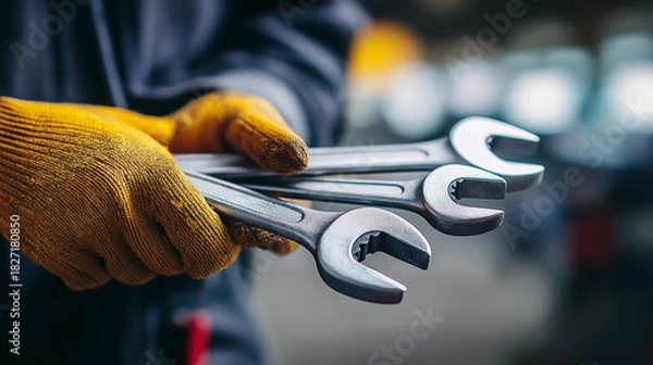 Obraz Person holding wrenches with work gloves
