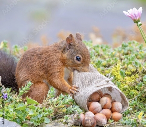 Obraz A Charming Red Squirrel Munching Happily