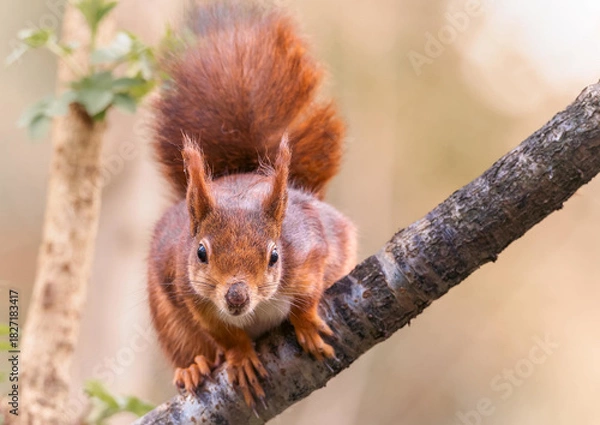 Obraz A Scarlet Squirrel Sitting on a Tree Trunk, Cutely Staring Straight at the Camera