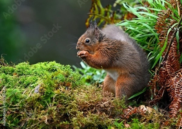Obraz Scarlet Squirrel Munching on Food Amid the Quiet Woodland