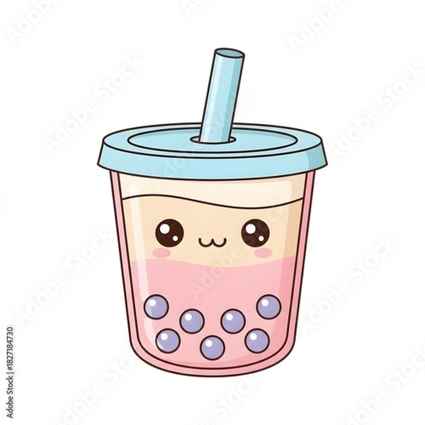 Fototapeta Cute kawaii boba tea illustration in pastel flat style