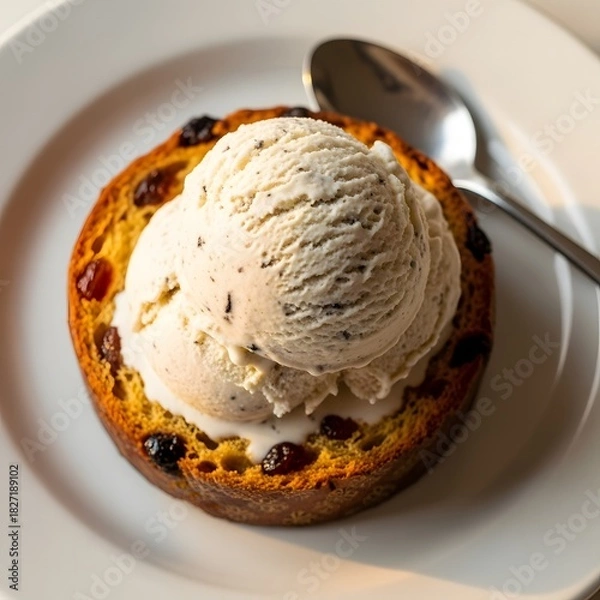 Fototapeta A close up of raisin bread topped with a scoop of ice cream on a white plate with a metal spoon nearby