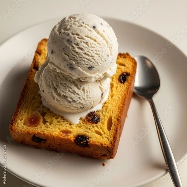 Fototapeta Ice cream scoops on raisin bread slice with spoon on a white plate close up top view food photography
