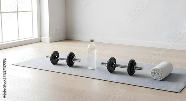 Fototapeta Clean Home Gym Setup with Dumbbells and Water Bottle