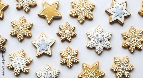Fototapeta Elegant Christmas Snowflake and Star Cookies Flat Lay Pattern.