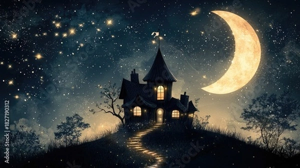 Fototapeta A whimsical illustration of a house on a hill, illuminated by a crescent moon and a starry night sky. The scene evokes a sense of fantasy and wonder.