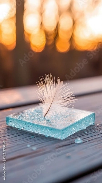 Fototapeta A delicate white feather rests on a square glass block, set on a wooden surface, with a blurred, golden background suggesting sunlight.