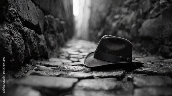 Fototapeta A black fedora hat rests on a cobblestone path in a narrow alleyway. The image is in black and white, creating a moody atmosphere.