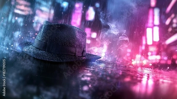 Fototapeta A wet fedora hat sits on a reflective surface in the rain with city lights in the background. The scene is illuminated by neon lights, creating a moody atmosphe