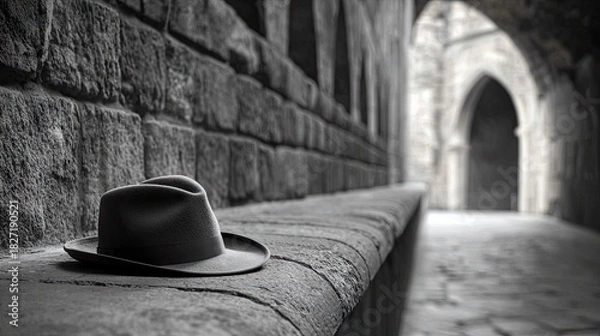 Fototapeta A black fedora hat rests on a stone ledge in a narrow alleyway. The image is in black and white, with a focus on the hat and the textured stone.