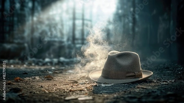 Fototapeta A fedora hat rests on the ground in a forest setting, with smoke rising around it. The scene is illuminated by dramatic lighting.