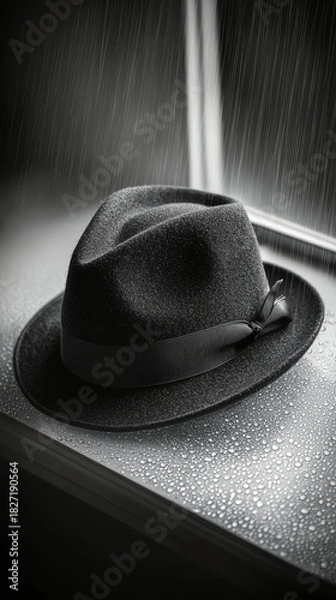 Fototapeta A dark gray felt hat sits on a wet surface, with raindrops visible. The image is in black and white, with dramatic lighting.