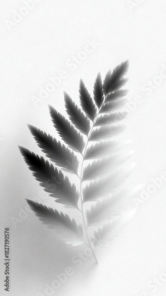 Fototapeta A close-up of a fern leaf in grayscale, set against a textured white background. The leaf's details are highlighted with a gradient effect.