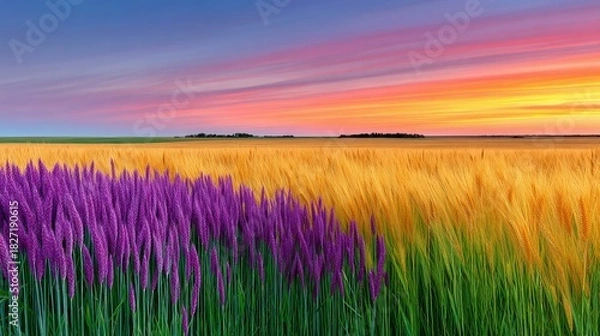 Fototapeta A vibrant landscape featuring a field of purple flowers and golden wheat, bathed in the warm glow of a sunset.
