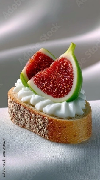 Fototapeta A close-up shot of a crostini topped with cream cheese and sliced figs, set against a white cloth, illuminated by soft lighting.