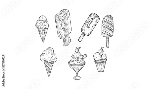 Fototapeta Ice cream dessert. Hand drawn black engraved vintage sweet delicious in bowl for restaurant isolated sketch vector vanilla drawing sundae icecream set