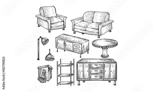 Obraz Living room modern furniture icons set. Vector hand drawn sketch illustration. Interior design elements isolated on white background. Cozy contemporary loft home furniture collection