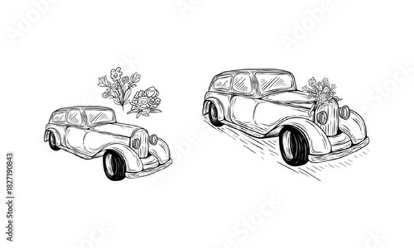 Obraz A line drawn illustration of a wedding car. A classic vehicle hand drawn in black and white.