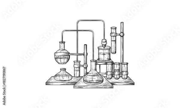 Obraz Chemical Laboratory still life sketch style vector illustration. Old hand drawn engraving imitation.