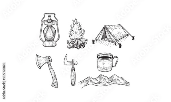 Obraz Vector illustration of hand drawn forest camping vacation objects set. Off road car, metal mug, mountains, flag, can top, tin opener, ax, tent, lantern, bonfire. Vintage engraving style.