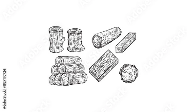 Obraz Wood logs, trunk and planks, vector sketch illustration. Hand drawn wooden materials. Firewood set.