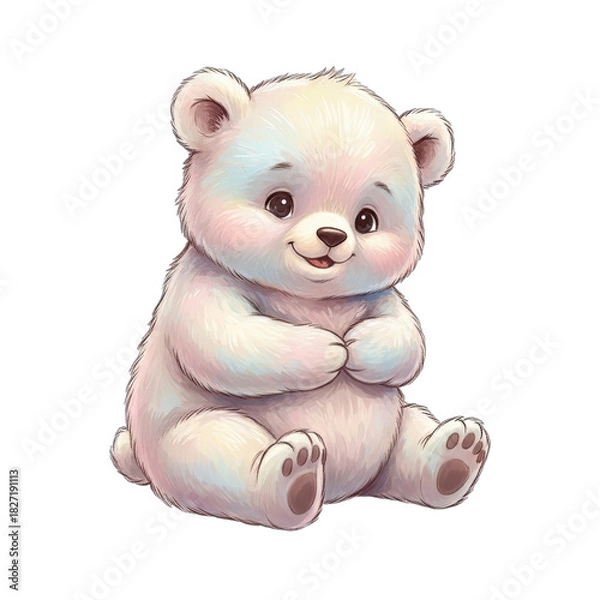 Obraz Adorable fluffy white teddy bear cub sitting with paws together soft pastel colors and gentle expression isolated on black background cartoon illustration