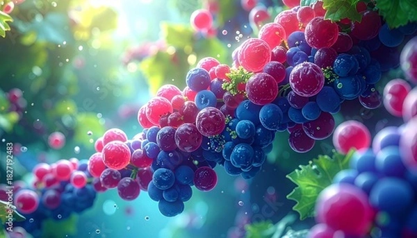 Fototapeta The image displays bunches of plump, glossy red and blue grapes, with soft bokeh lights highlighting their fresh, vibrant