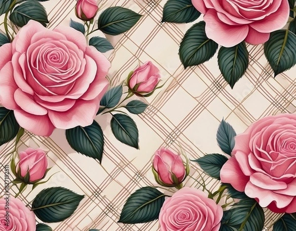 Obraz floral patterned design with pink roses and diagonal plaid accents on light background