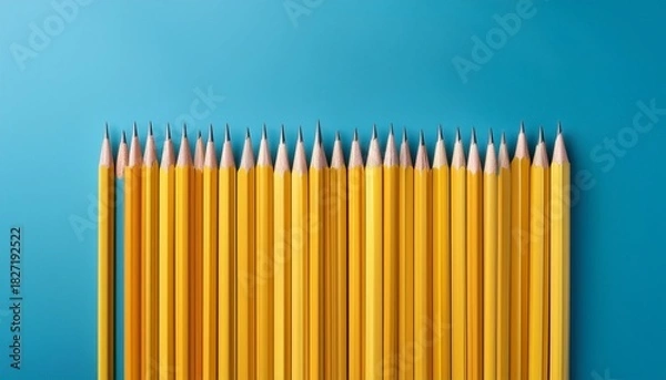 Obraz yellow pencils arranged in a perfect grid on a light blue background for a visually appealing educational composition