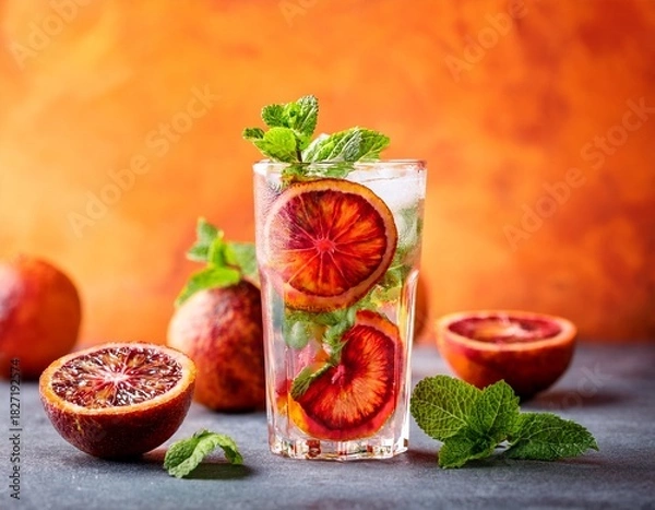Obraz blood orange mojito with blood orange slices and mint served in a clear glass vibrant citrus background copy space