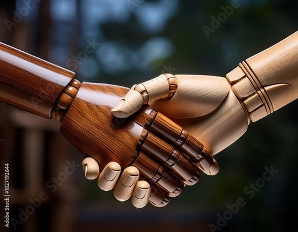 Obraz wooden hands come together in a symbolic handshake representing partnership and unity in the creative arts