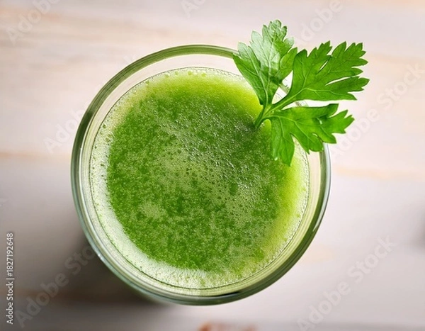 Obraz glass of green juice with a sprig of parsley on top