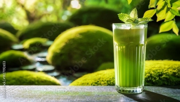 Obraz matcha mojito with matcha powder and mint served in a highball glass zen garden background copy space