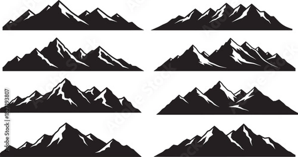 Obraz Silhouette illustration of multiple mountain ridge variations with sharp peaks and snow accents, concept of wilderness landscape and natural exploration