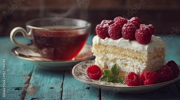 Obraz Indulge in creamy delight! A slice of heaven: Cream cake with fresh raspberries, a sweet escape for your senses, perfect for dessert lovers.