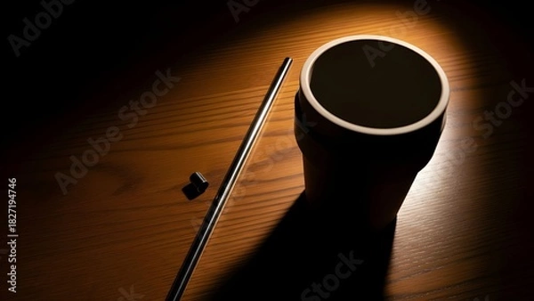 Obraz A reusable cup and stainless-steel straw placed on a wooden table