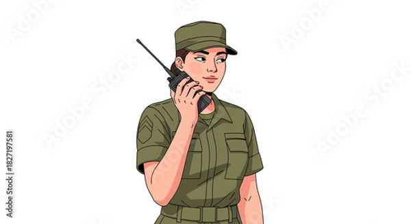 Fototapeta Woman soldier using radio for communication on black background