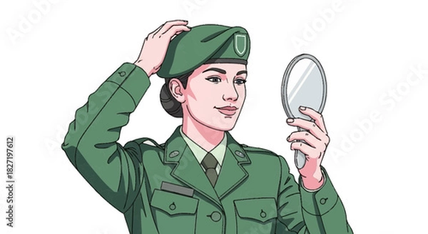 Fototapeta Woman soldier adjusting beret and looking in a handheld mirror