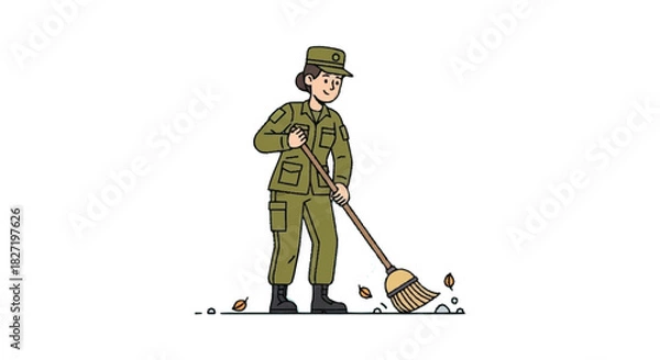Fototapeta Soldier in uniform sweeping the ground with a broom outdoors