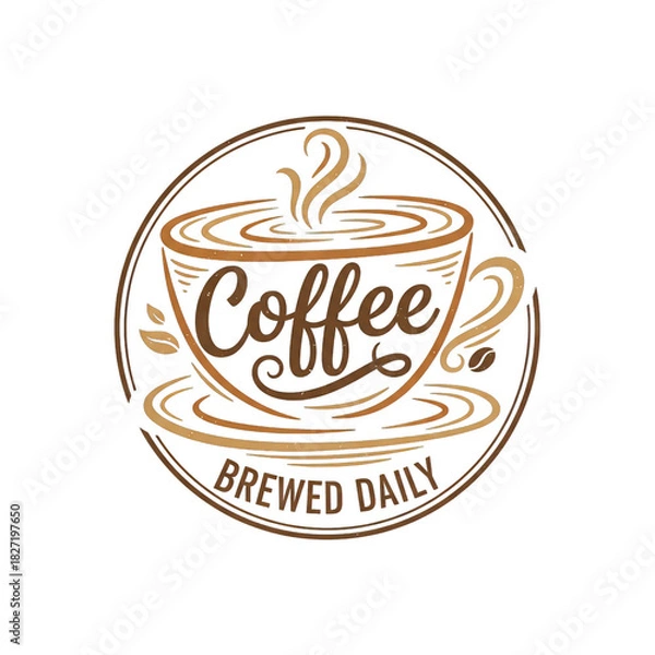 Obraz Vintage Coffee Cup Emblem with Steaming Beverage and "Coffee Brewed Daily" Text on a Black Background Emblem for Coffee Shops and Cafes