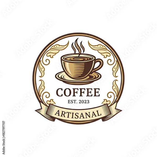 Obraz Vintage coffee emblem with steaming cup and ornate border rustic text reads coffee artisanal est 2023 on beige ribbon isolated on black background