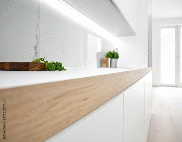 Obraz Foreground counter line with smooth kitchen backdrop white