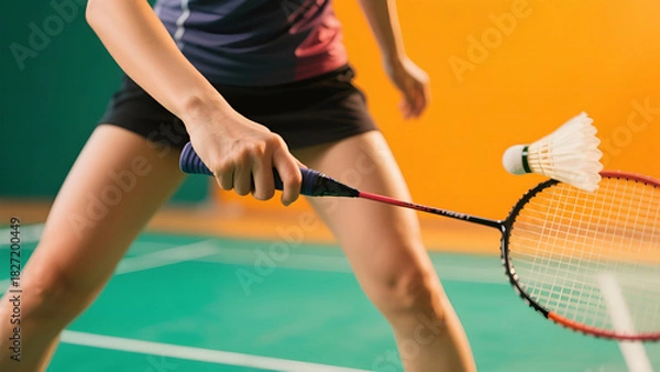 Fototapeta Close-up of a badminton player in action, holding a racket and hitting a shuttlecock on an indoor court.