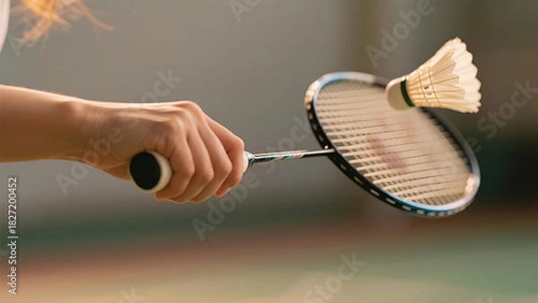 Fototapeta Close-up of a hand holding a badminton racket with a shuttlecock in mid-air during a game.
