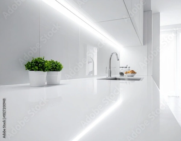 Obraz Top perspective counter in soft kitchen lighting white