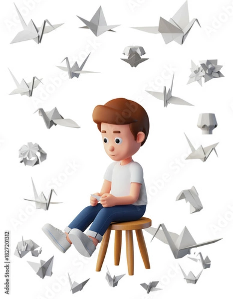 Obraz Young boy sitting on a stool surrounded by origami cranes.